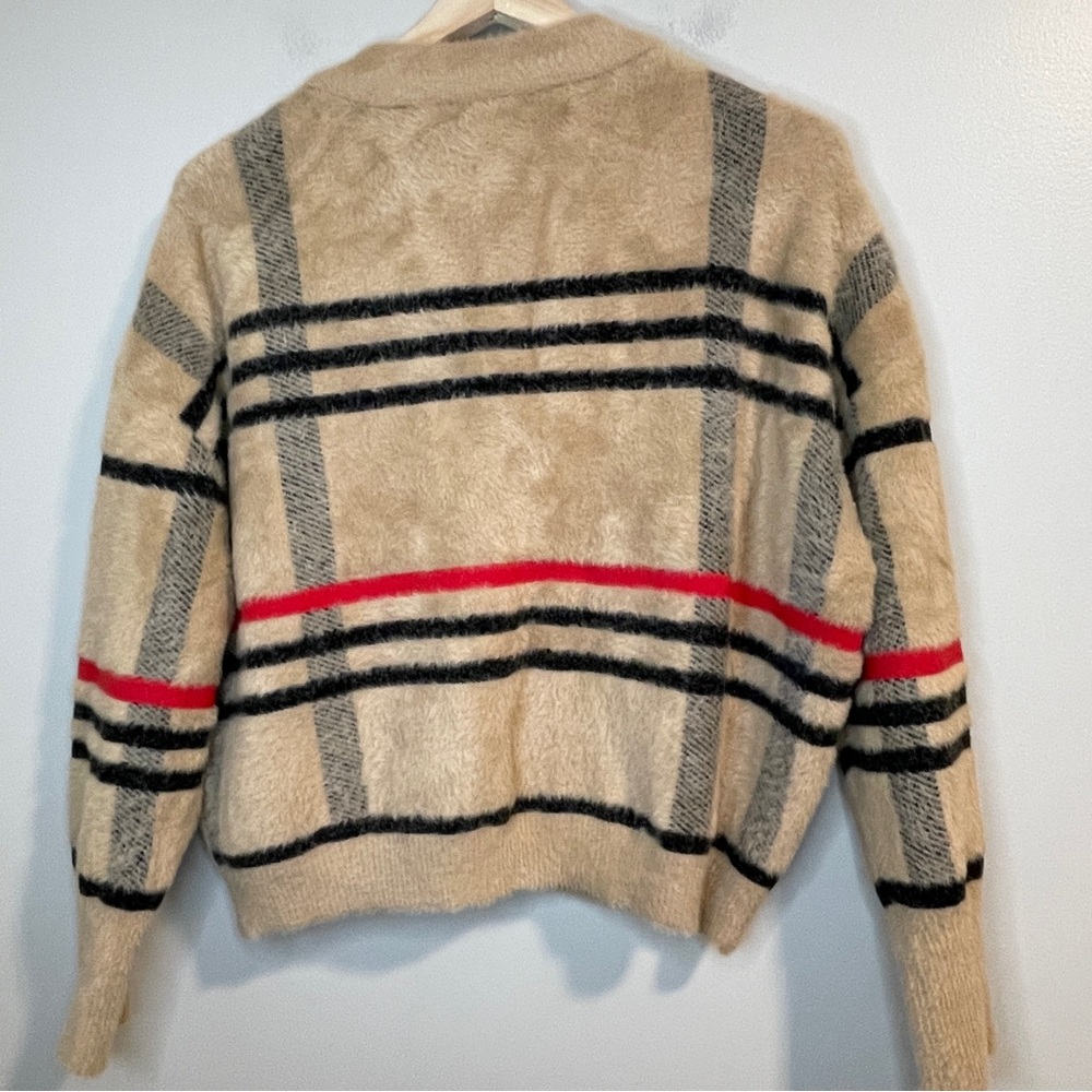 Cyrus Sweater Cardigan Zip Pockets Cozy Tan Beige Black Plaid Lux Feel M - Picture 2 of 6